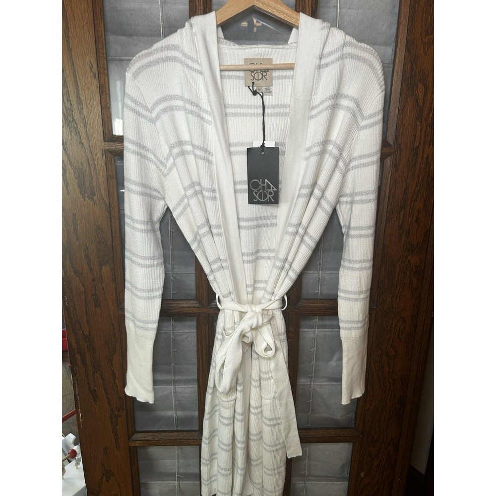 NWT Chaser Striped Hooded Cardigan With Tie White & Metallic Silver Size M